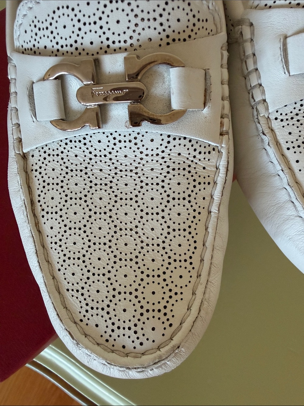 Ferragamo White Leather Perforated Driving Loafers with Metal Bit - Picture 5 of 6